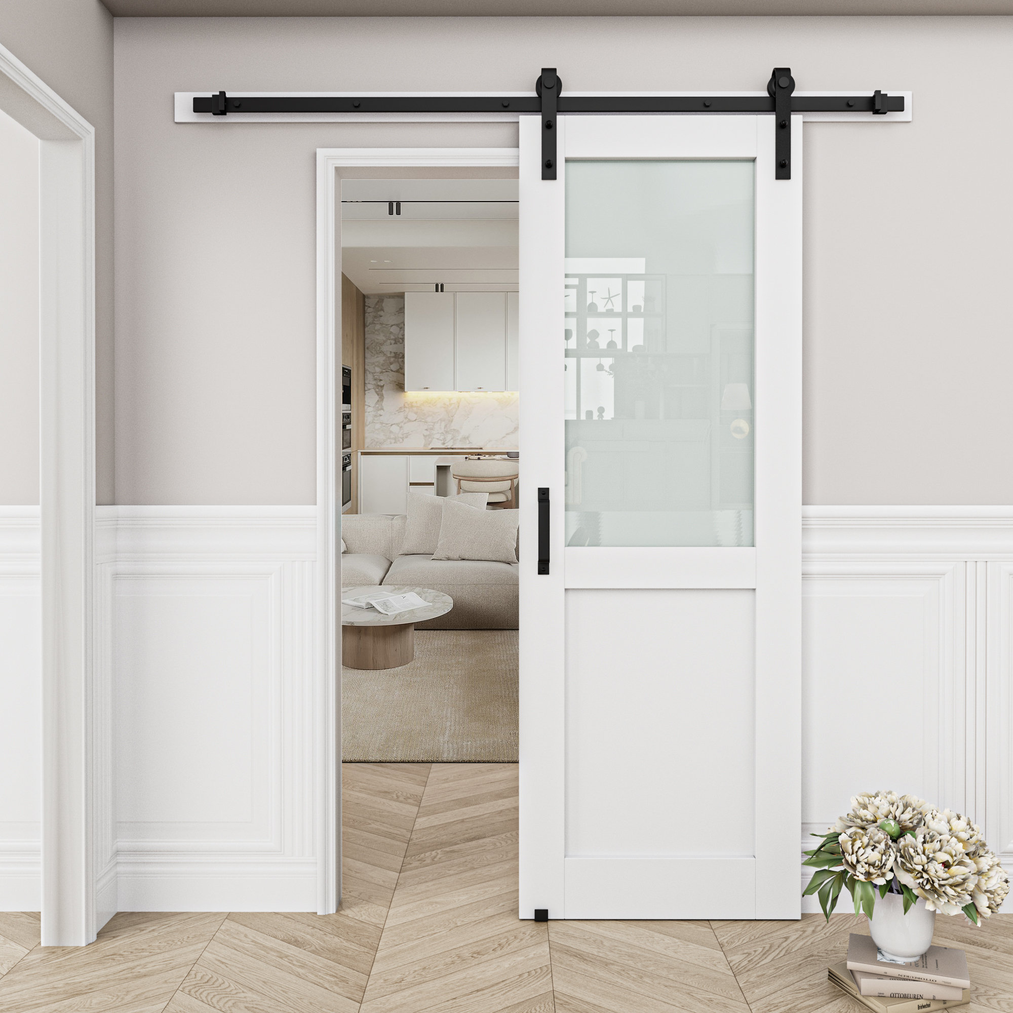Home Worthy Frosted Glass and Manufactured Wood White Sliding Barn Door