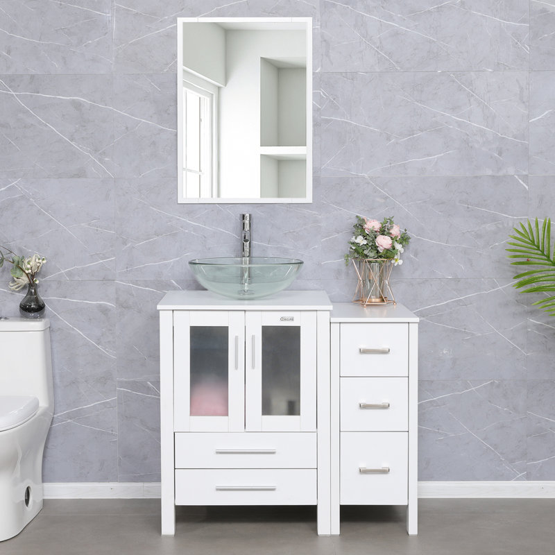  36" Single Bathroom Vanity Set with Glass Sink, Water Saving Faucet, Pop up Drain, White, White