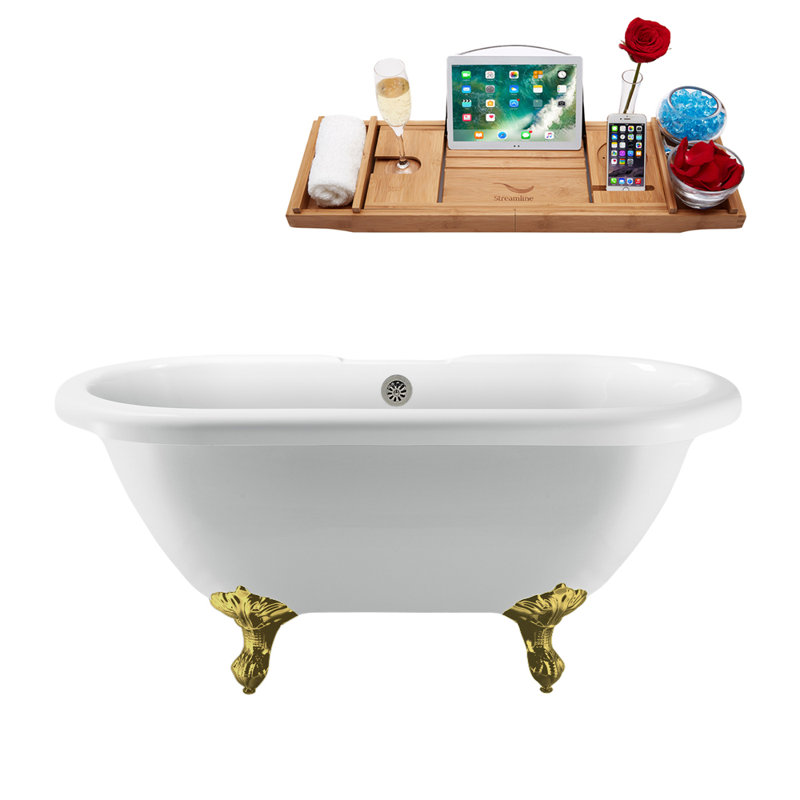 67" Streamline Clawfoot Soaking Acrylic Bathtub With Drain, Clawfeet, and Bamboo Tray, Brushed Nickel, Brushed Gold