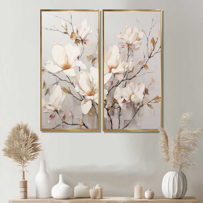 «White Elegance In Magnolias» - Art mural sur toile traditionnel blanc, H 20 po x l 24 po, Impression encadrée flottante