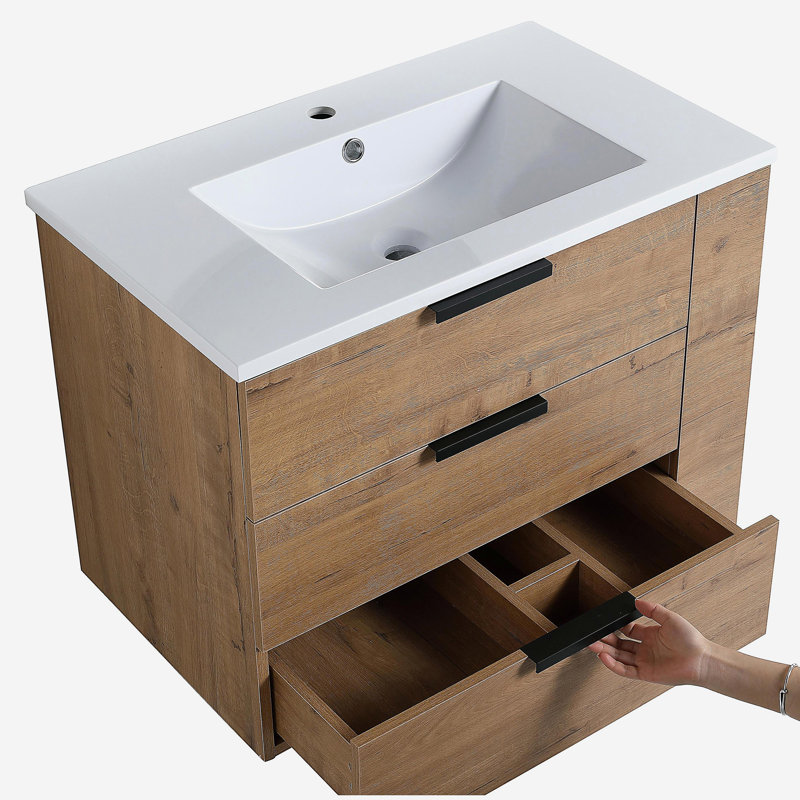 Lavabo de salle de bain mural de 30 pouces avec tiroirs à fermeture en douceur et tablettes latérales