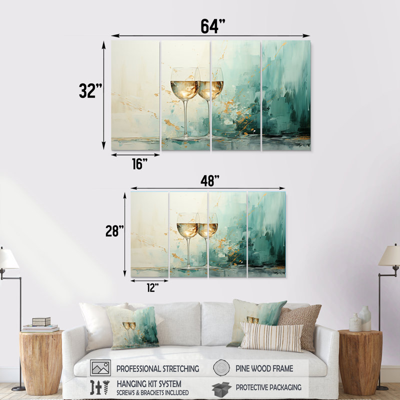 Emerald Champagne Golden Glass - Champagne, art mural sur toile 4 pièces, H 28 po x l 48 po