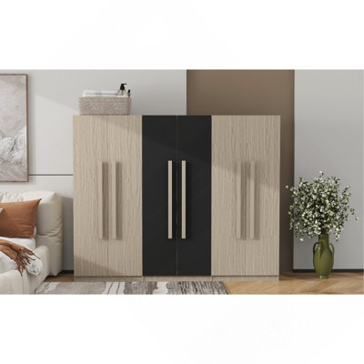 Grande armoire de rangement pour vêtements à 6 portes en bois avec 2 tiroirs intérieurs Black & Natural