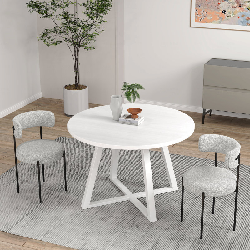 Ensemble de salle à manger 3 pièces: table ronde à tréteaux et 2 fauteuils bouclés, Gris