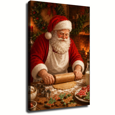Vintage Santa Baking Gingerbread Cookies By Warm Fireplace, Christmas Holiday Canvas Wall Art