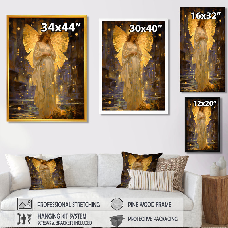 Golden Angel Caring Wings - Wings Angel Wall Art Living Room, 40" H x 30" W, Wrapped Canvas