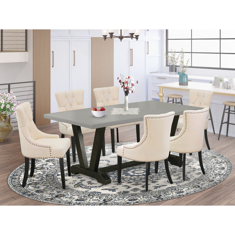 7-Pc Kitchen Dining Set – 6 Light Beige Dining Chairs with Button Tufted and a Cement Dining Table - Wire Brushed Black Finish