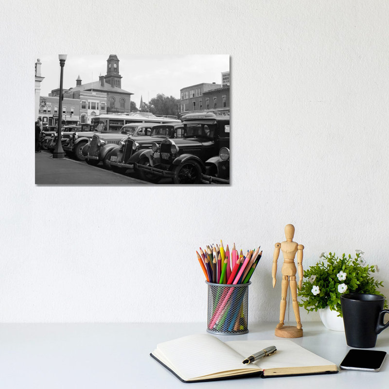 1930s Buses Cars Parked Small Town Square Claremont New Hampshire USA by Vintage Images - Wrapped Canvas Gallery-Wrapped Canvas Giclée