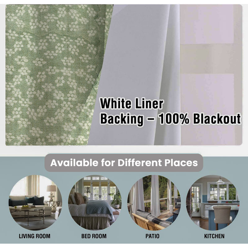 Green Block Print Blackout Linen Eyelet Curtain Handmade Drape for Home Decor-Ola Vrashti, 54" W x 36" L