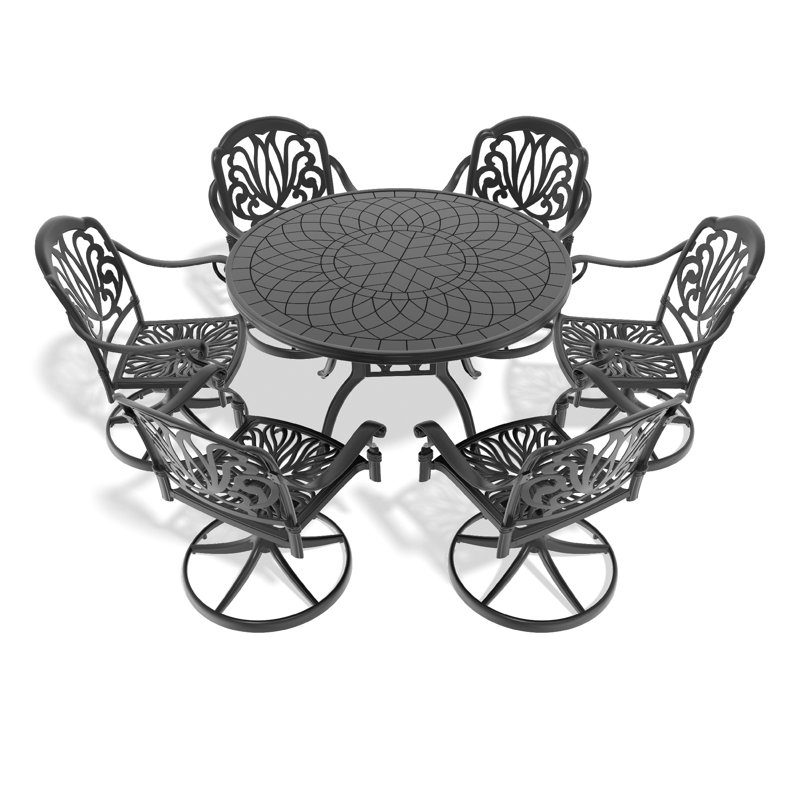 Ensemble de salle à manger 7 pièces en aluminium coulé toutes saisons avec 6 chaises pivotantes et une table, noir