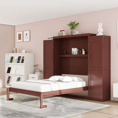 Wooden Murphy Bed with Shelves and Wardrobes