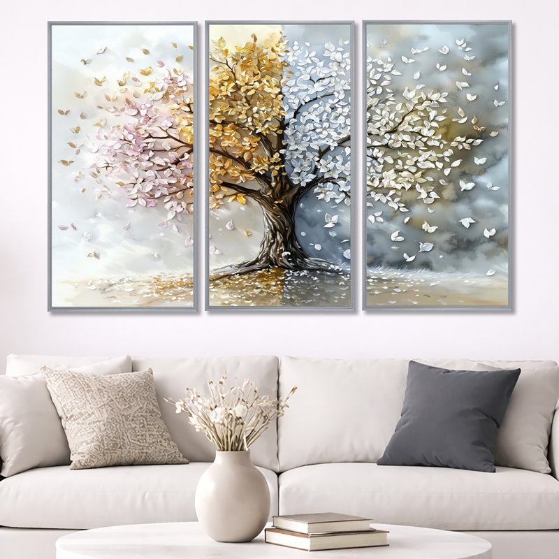 «Four Season Tree of Life I», ensemble de reproductions d'art mural arbre de vie, Toile argentée avec cadre flottant