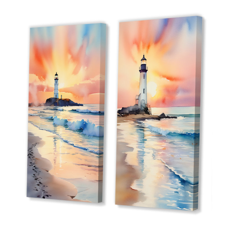 Plage, phare, coucher de soleil I - ensemble d'art mural sur toile Coastal Beach, Toile tendue, H 40 po x l 41 po