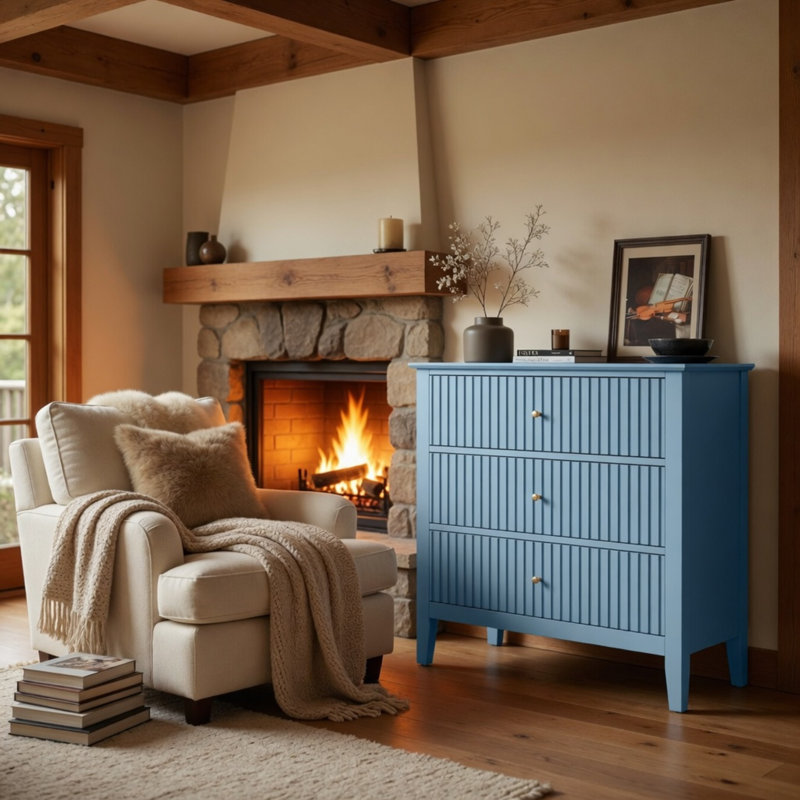 Commode 3 tiroirs 32 "avec façades cannelées, Light Blue