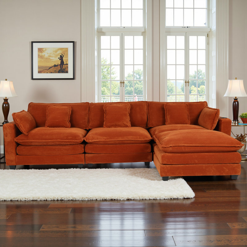Corduroy 3-Seat Sectional Sofa - Modular Sleeper with USB Ports, Cup Holders, Armrest Cushions & Ottoman, Comfy Upholstered for Living Room, Apartment, Office