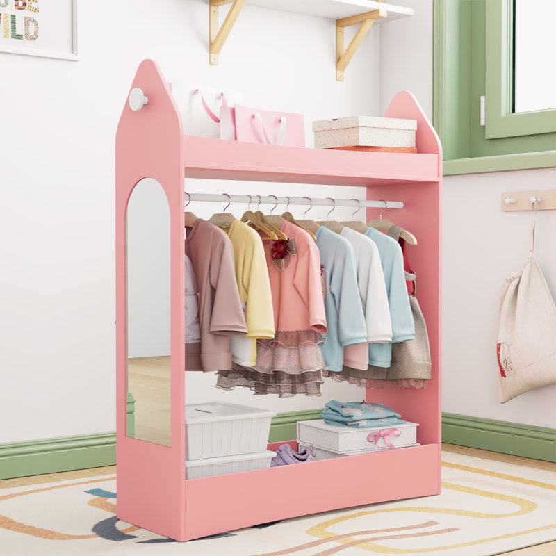Kids Wardrobe Closet with Mirror and Storage Space, Open Hanging Armoire Closet, Pink