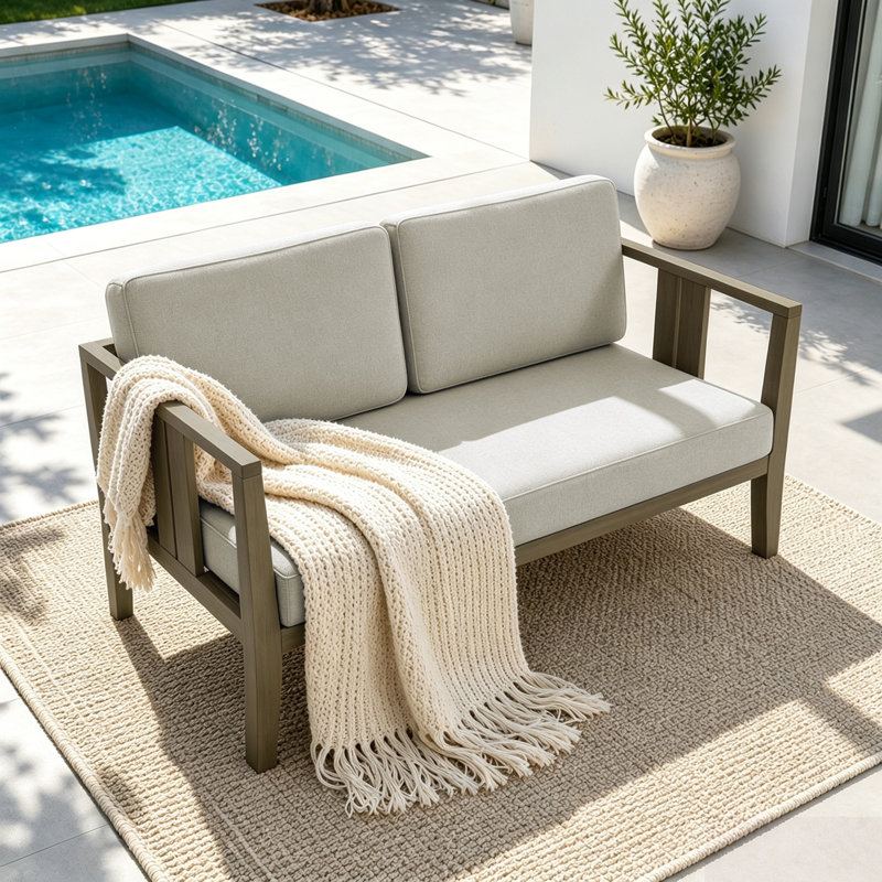 Junco Solid Wood Teak Outdoor Loveseat With Cushion And Arms, Brown, Light Camel