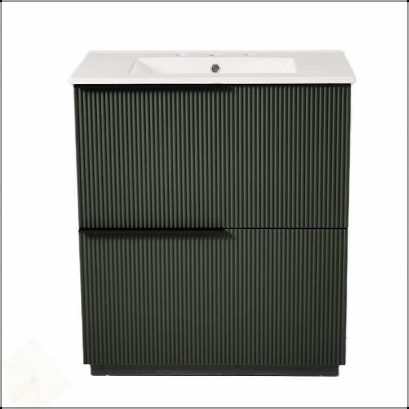 Meuble-lavabo cannelé de 30 pouces avec évier en céramique et tiroirs à fermeture en douceur à extension complète, pour les espaces modernes et traditionnels
