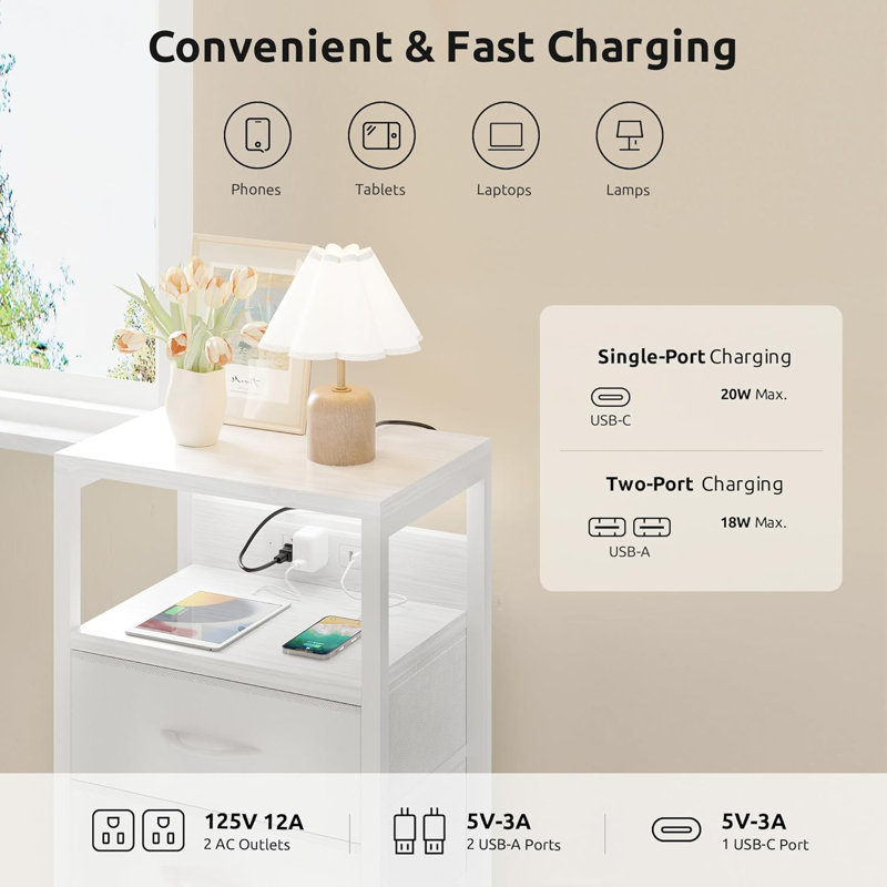 NightStand Bedside Charging Table Bedroom - Black Night Stand with Charger Station, White