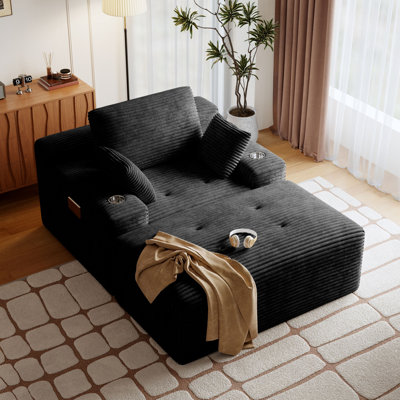 Oversized Plush Corduroy Chaise Lounge Chair Indoor Sleeper Reading Upholstered Sofa With Ottoman Corduroy Cloud Sofa Plush Chair Couch Bed for Living Room Bedroom with Cup Holder (Gray)