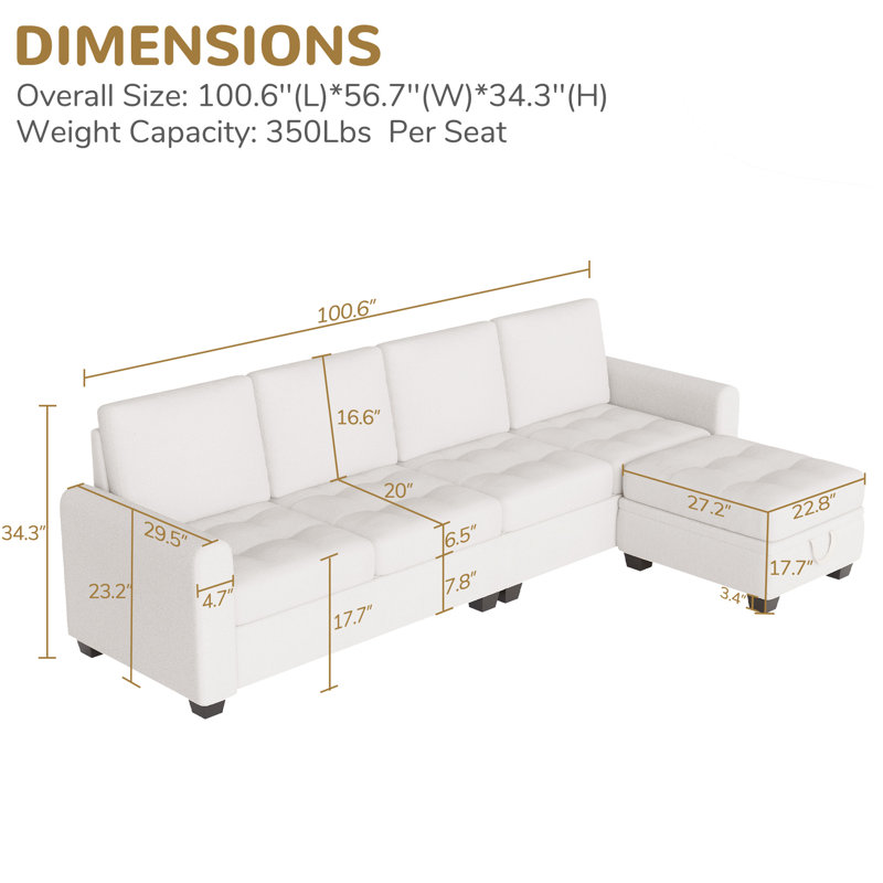 Canapé modulaire 100,3 po, canapé 5 places, canapé modulaire réversible en forme de L avec repose-pieds