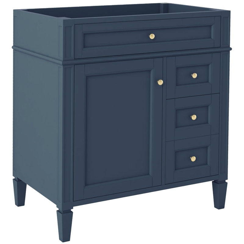 Meuble-lavabo moderne de 30 po avec 3 tiroirs, organisateur de porte d'armoire, tablette réglable, tiroir escamotable, rangement divers, pieds en bois massif et bleu, pieds romains, poignée texturée, glissières en métal lisse, design