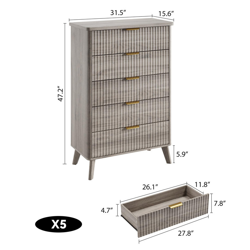 Modern Fluted 5-Drawer Wooden Dresser – 47.2" Tall – Curved Profile with Gold Handles, Storage Chest for Bedroom, Living Room, Kids Room, Hallway (Grey Walnut Finish)