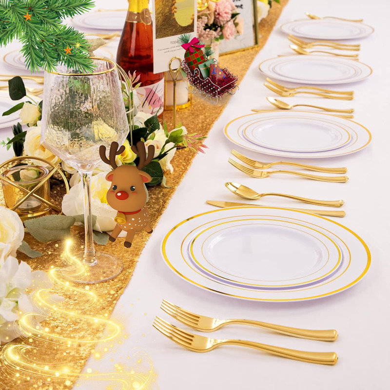 WELLIFE 60pcs Gold Plastic Plates,10.25 inch Gold Rimmed Dinner Plates , White Disposable Plates , Perfect for Parties or Wedding