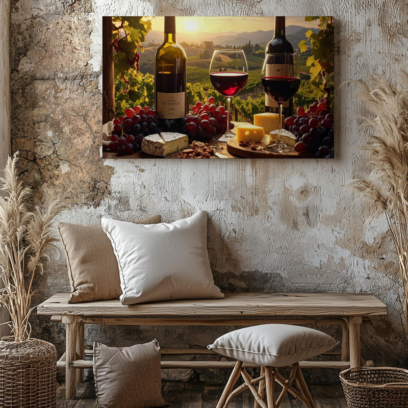 «Rustic Wine and Cheese Canvasvineyard Still Life In Golden Light», art mural sur toile prêt à être accroché à la galerie, décoration moderne