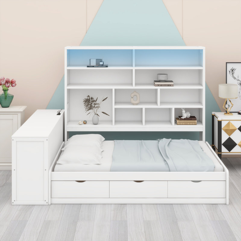 Lit de jour en bois avec trois tiroirs, bureau, tablettes et lumières, Blanc