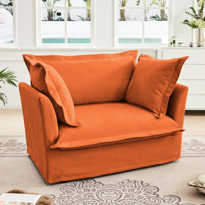 Confortable, simple, fauteuil orange, tissu chenille, grand dossier et coussins décoratifs, structure, fauteuil simple à assemblage facile avec siège profond, coussins, housses amovibles, base en bois
