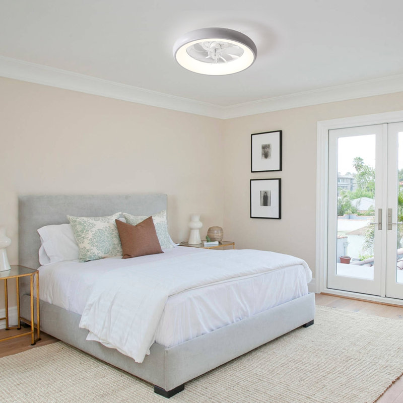 19" Matte White Bedroom Fan Light with Remote Control, Dimmable, 7 Blades, Reversible DC Motor, with LED Light, White