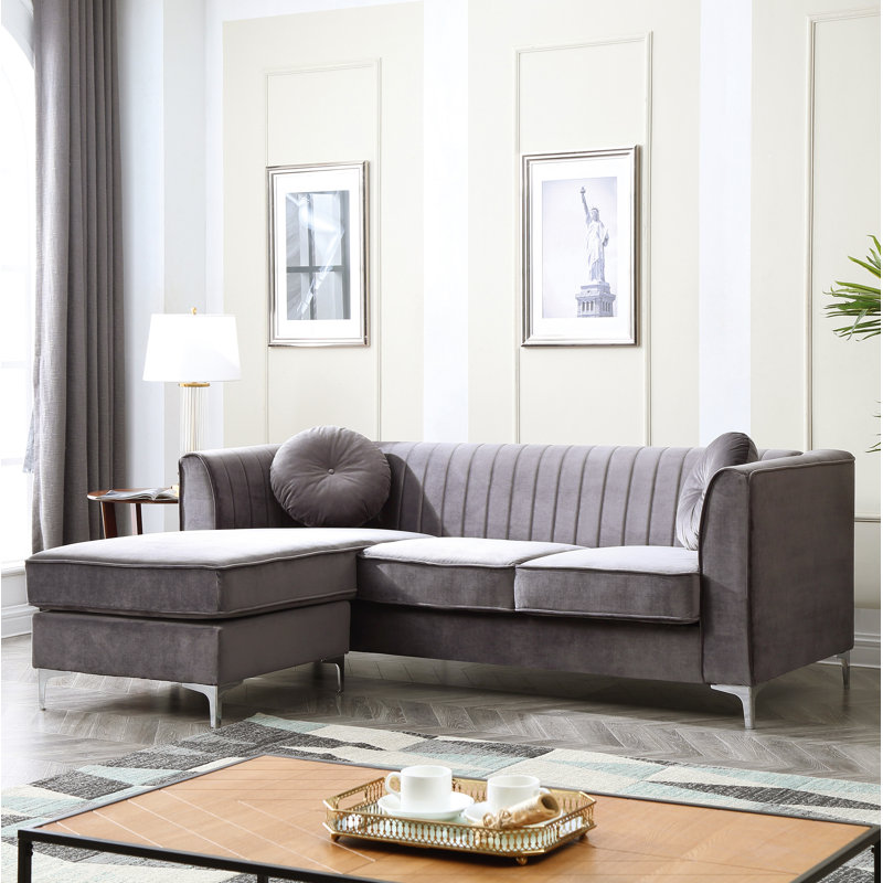 Bailey Velvet L-Shaped Sectional Reversible, Gray