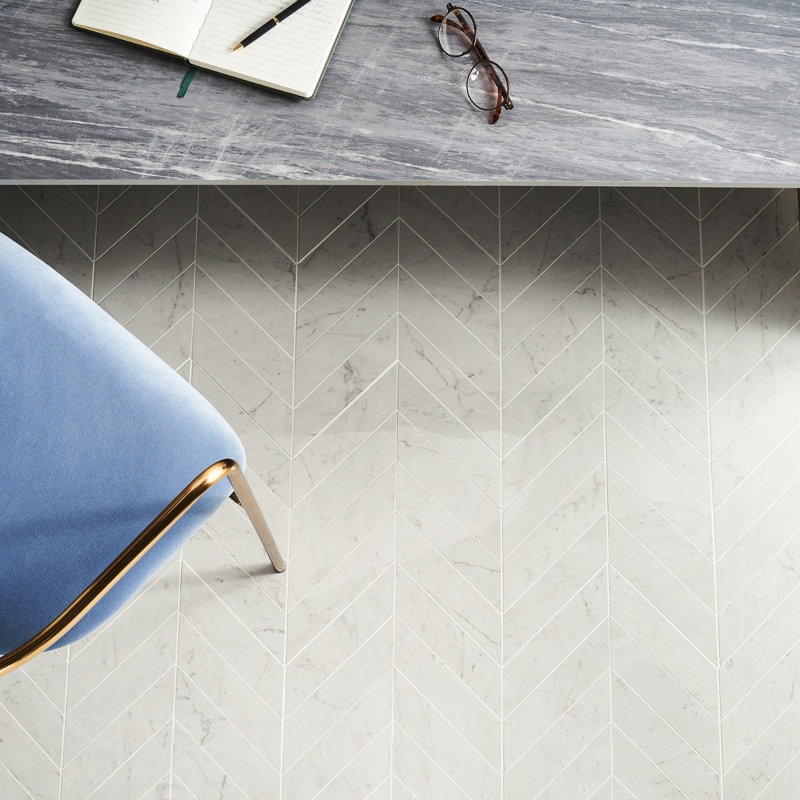 Saroshi 11.02 in. x 11.22 in. Polished Porcelain Marble Look Heringbone Floor and Wall Mosaic Tile, Carrara Giola