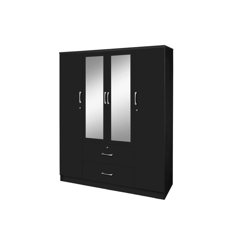 Garde-robe 4 portes / 2 tiroirs avec miroir, Noir
