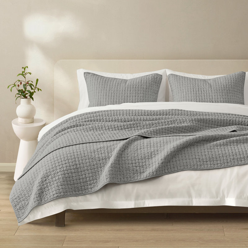 Ensemble de courtepointe en jersey 100% coton Wonderful, Courtepointe pour grand lit + 2 taies décoratives, Mélange gris