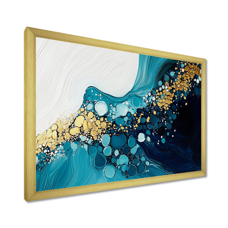 Abstrait aqua Pulse of the Ocean III - art mural abstrait, H 24 po x l 32 po, Cadre simple, Doré