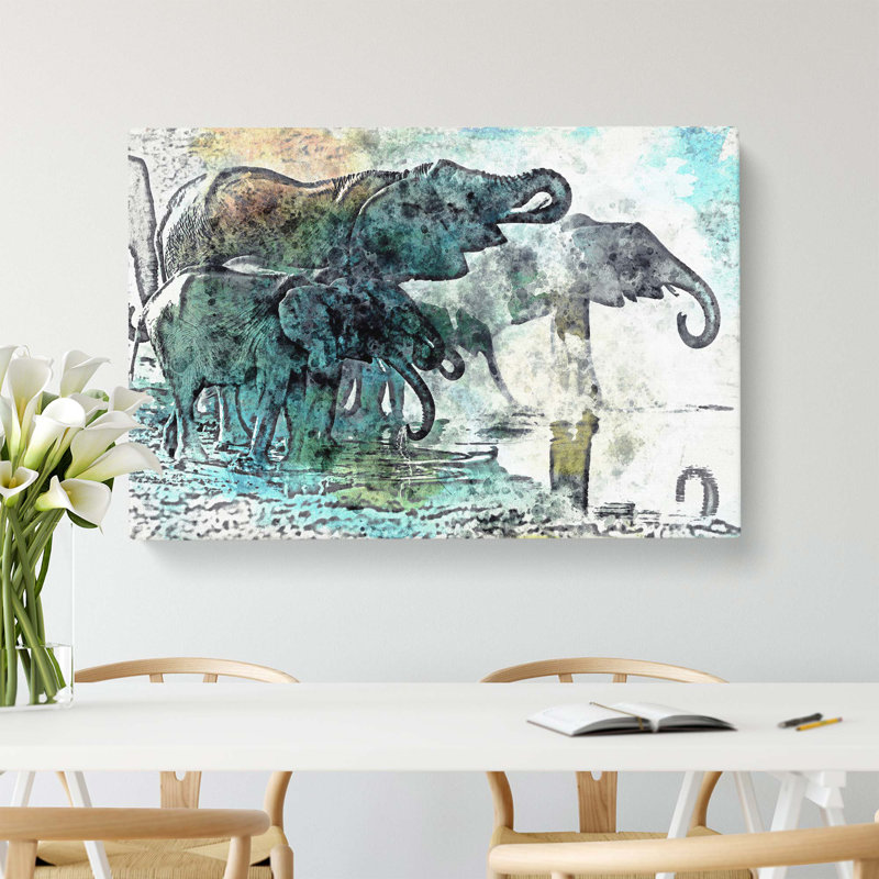 Elephants At The Waterhole - Wrapped Canvas Painting, 61 cm H x 91.4 cm W