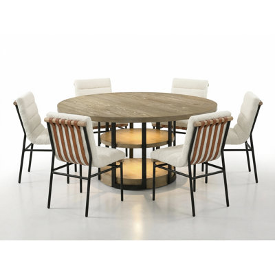 Eden 7 Piece Dining Set for 6, 59-Inch Round Rustic Oak Dining Table with LED-Lit Shelving Base and Black Metal Frame, White Boucle Upholstered Dining
