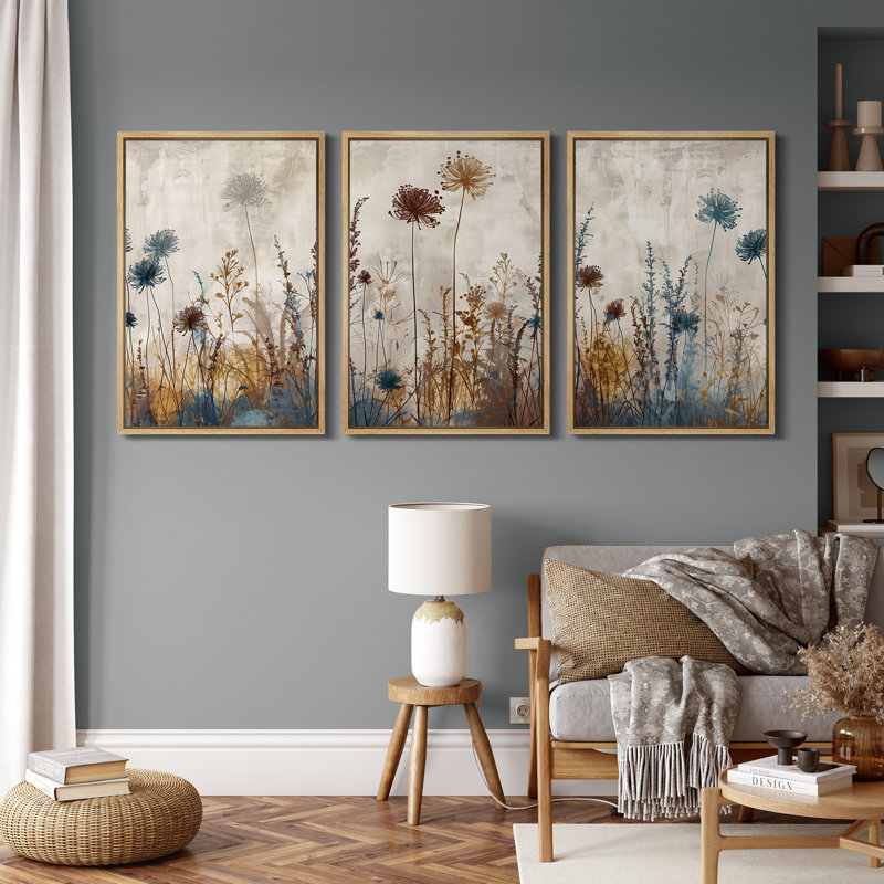 Vibrant Wildflower "Rustic Wildflowers Floral Artwork, Neutral Botanical Living Room Wall Pictures, 3 Pieces Canvas Giclee Print Wall Art" 16"x24"x3 pcs, 24"x36"x3 pcs