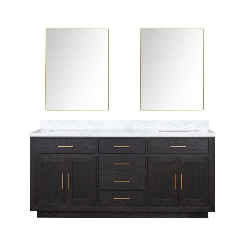 Ensemble de meuble-lavabo double 72 "avec miroir, Chêne noir, Marbre de Carrare blanc