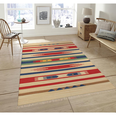 Anatolian Flatweave Cotton Southwestern Area Rug in Blue/Red/Beige