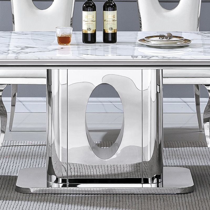 70.08" Rectangular Faux Marble Top Pedestal Dining Set, White/Silver