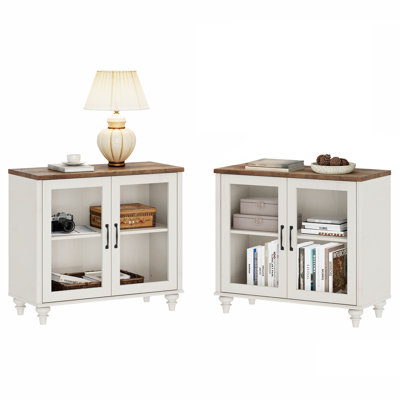 Scarlett Set Of 2 End Table For Bedroom With Glass Doors, Mid Century Modern Wooden Closet Storage Organizer, White
