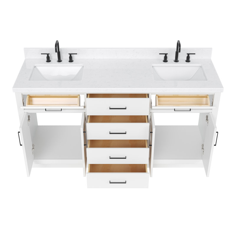 Meuble-lavabo double en bois massif 66 po avec plateau en quartz Carrara de 1,5 po Thornaby, Forme rectangulaire