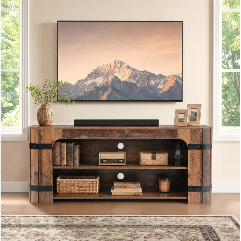Meuble télé 63 po avec rangement ouvert à 2 niveaux et détails en métal