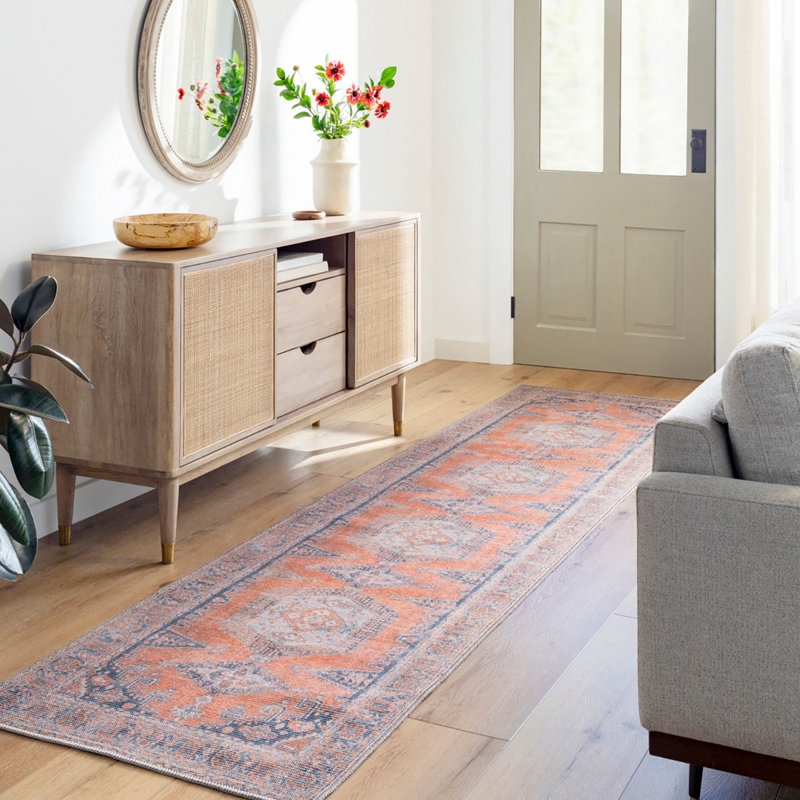 Burnt Orange Traditional Washable Rug, Bordered Rug For Living Room, Dining Room, Bedroom, Rectangle 160 x 220 cm
