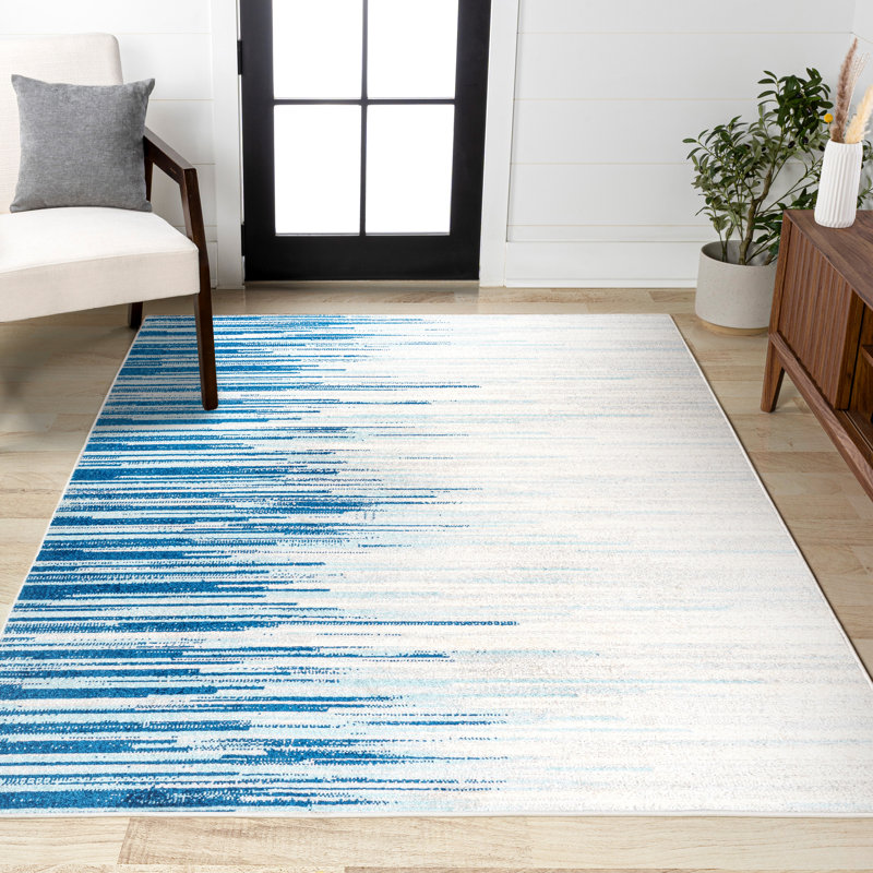 Yerkes Linear Modern Half-Stripe Blue/Cream Rug, Rectangle 5'3" x 7'6"