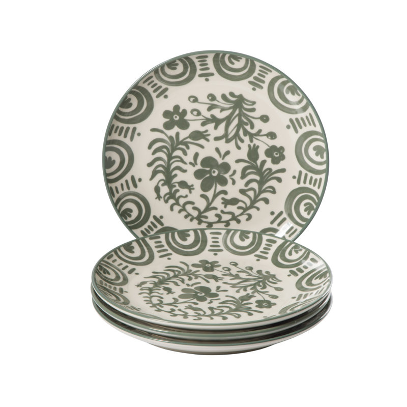 Bloomhouse - 2-Time Oprah’s Favorite Things - Ensemble de 4 assiettes à dessert et à salade Valencia Flor, assiettes en grès de 8,75 po, motif floral méditerranéen, vert fougère