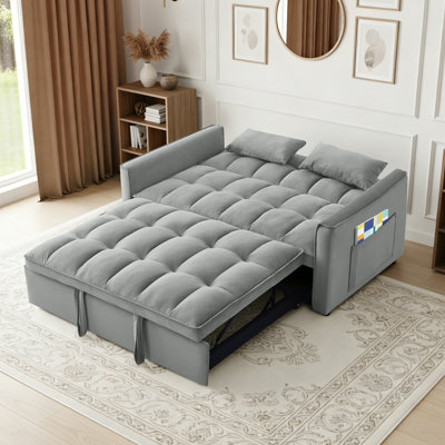 3-in-1 Convertible Velvet Sleeper Loveseat Sofa Bed, Pull Out Couch with Adjustable Backrest, Throw Pillows & Side Storage Pockets for Living Room Bedroom Apartment
